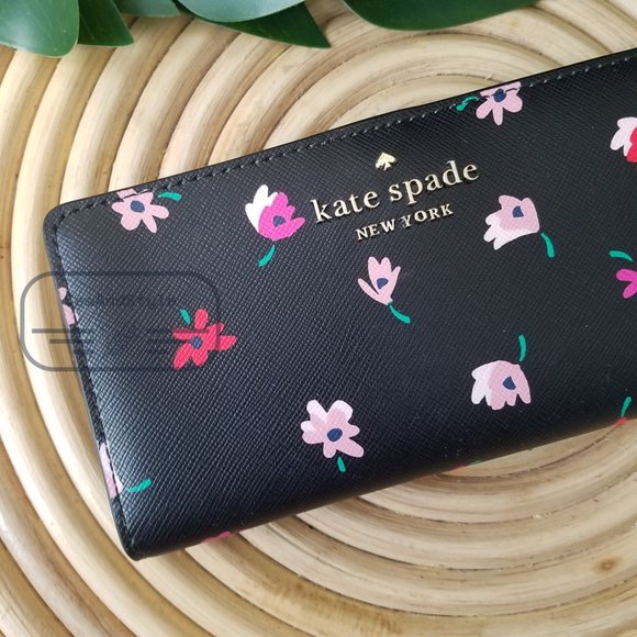Kate Spade NWT Kate Spa Staci Ditsy Buds Large Slim Bifold Wallet in Black - Picture 5 of 14